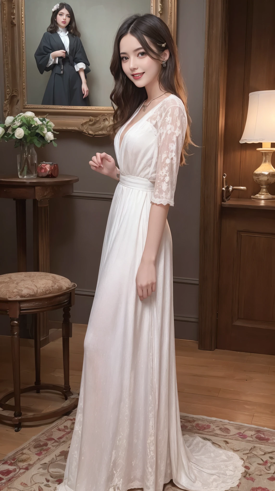 highest quality,masterpiece,Ultra-high resolution,Original photo,Ultra-high resolution,Beautiful woman 25 years old woman,British fashion in 1900,dress,Full Body,high waist,Flashy makeup using red eyeshadow,Big smile,Short cut with subtle side waves,whole body,Gray background,