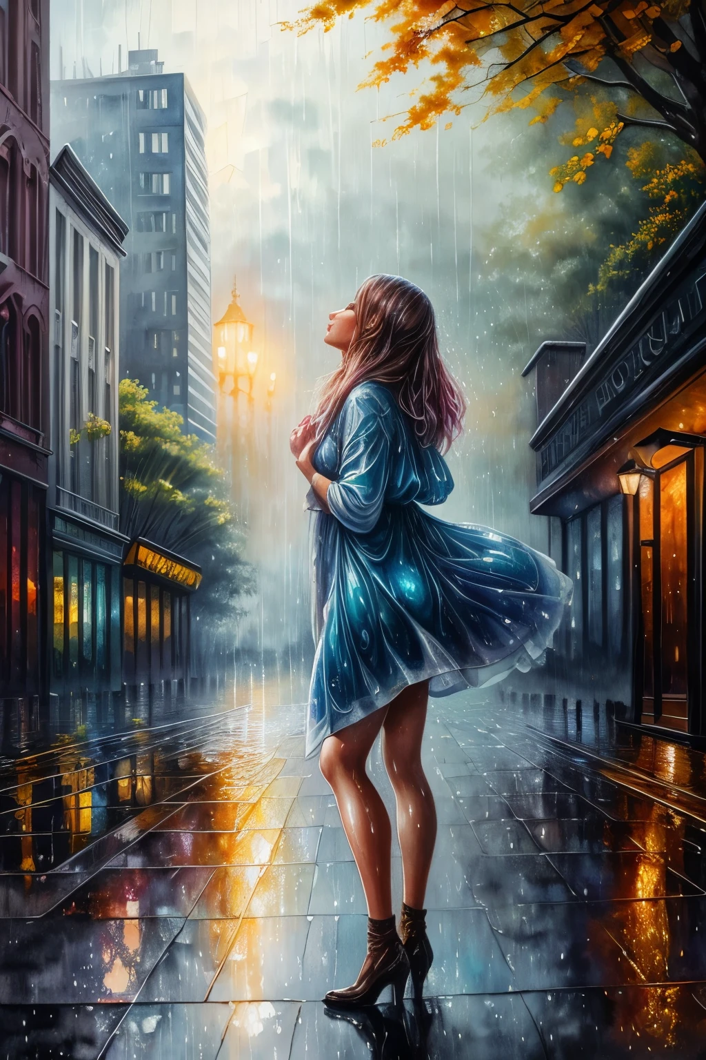 fusion of watercolor and oil painting, best quality, super fine, 16k, incredibly absurdres, extremely detailed, delicate, flashy and dynamic depiction, Iridescent rain pouring down, water splashing, sunlight spilling through the gaps in the clouds, a beautiful soaking wet woman looking up, background a city, a forest, a hill