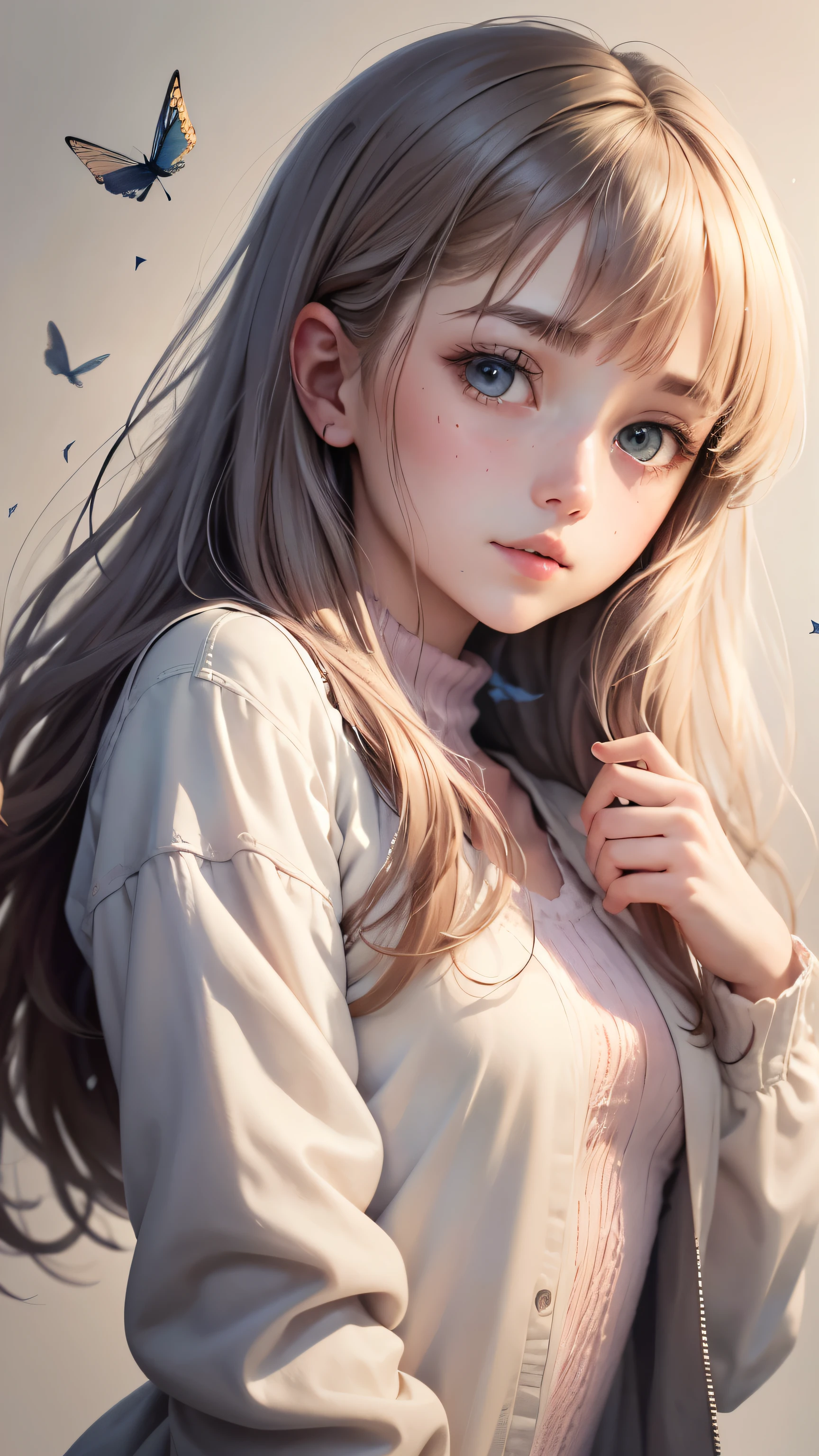 (Pieces fly),(highest quality:1.1),(Very detailed),Best illustrations,The finer details,(Portraits:1.1),(Watercolor)fluffy,1 girl,alone,,slim,(Very delicate and beautiful face),(Beautiful eyes in every detail),Pink thick lips,(Messy Hair),Soft and lazy,(Simple Background:1.2)Overall background color,Transparent parts,In 4K,Full Shot,Thin legs,The happi coat is open