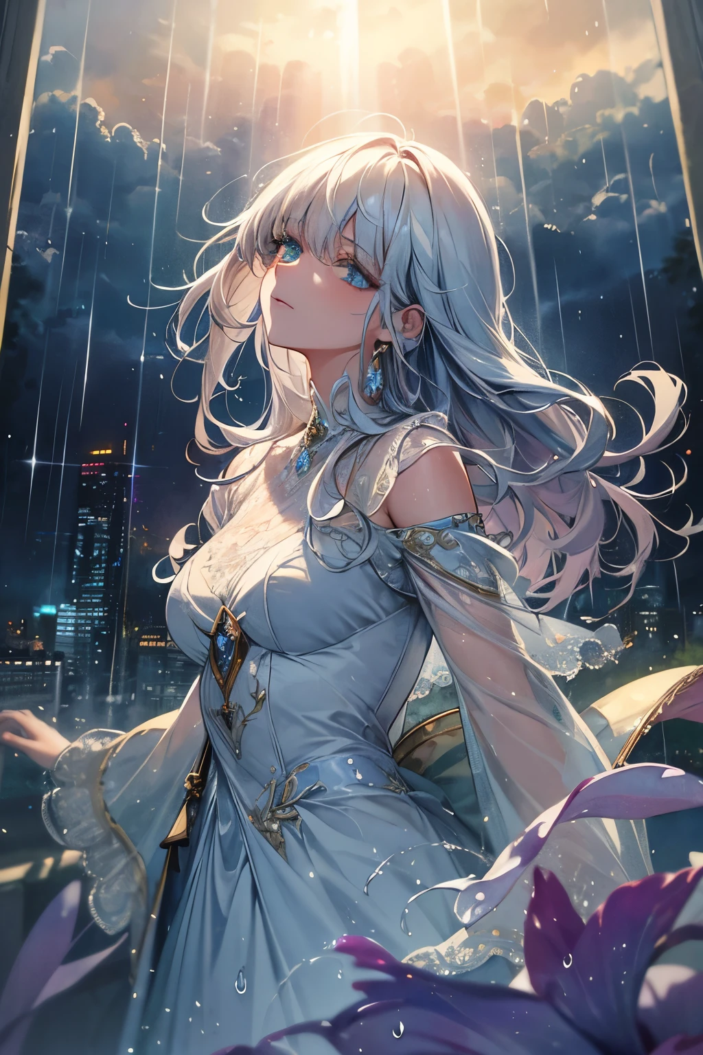 fusion of watercolor and oil painting, best quality, super fine, 16k, incredibly absurdres, extremely detailed, delicate, flashy and dynamic depiction, Iridescent rain pouring down, water splashing, sunlight spilling through the gaps in the clouds, a beautiful soaking wet woman looking up, background a city, a forest, a hill