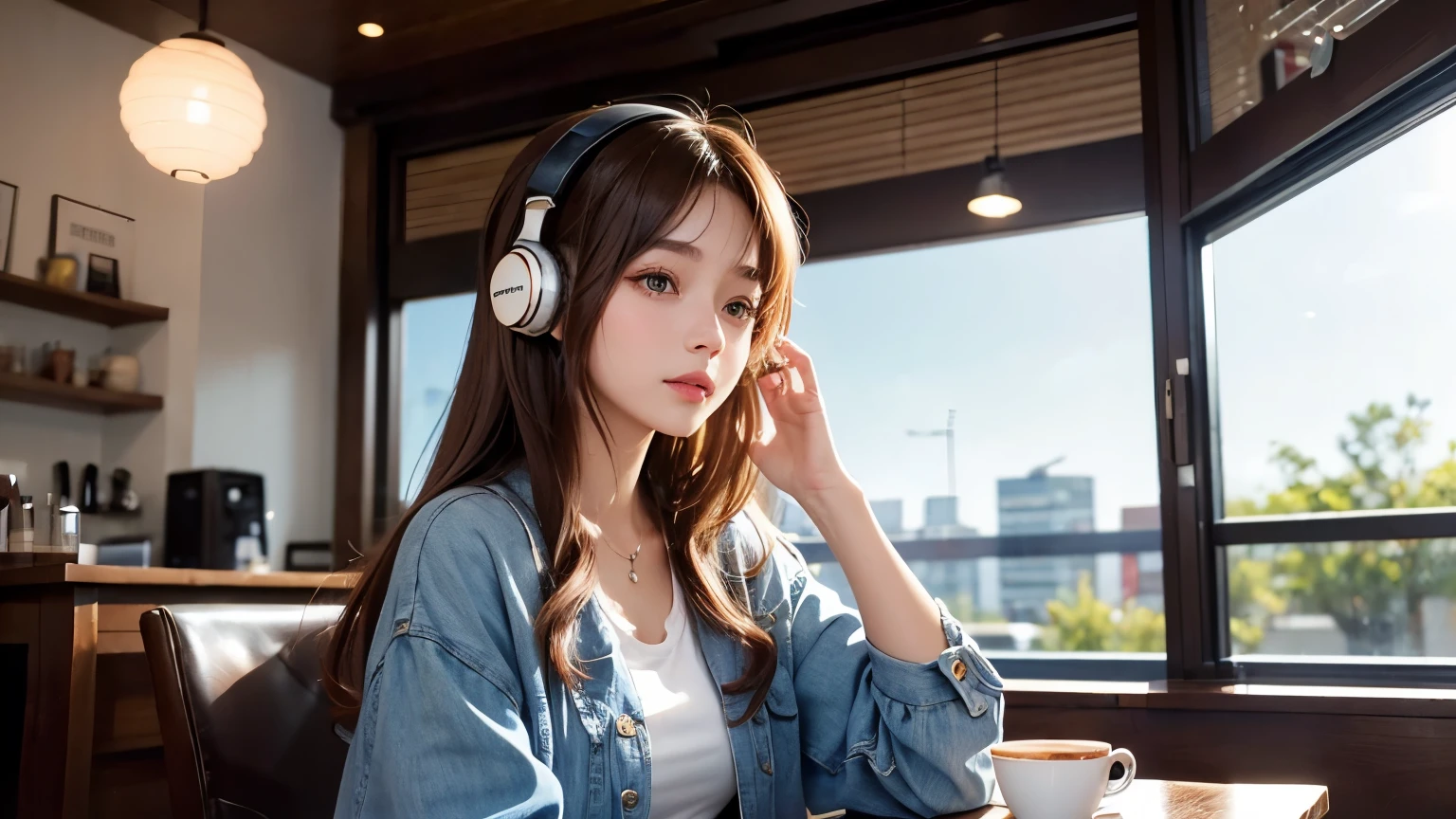 Beautiful girl studying while listening to music with headphones in a cafe, her clothes are not too fashionable but cute, her hair color is brown, and the cafe interior is stylish and clean.