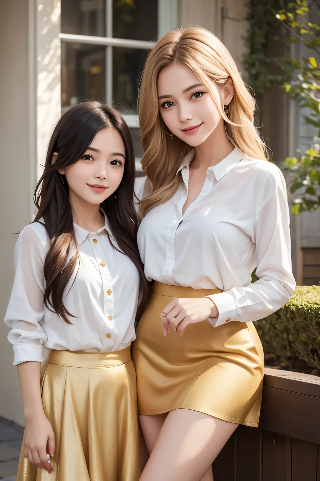 Girl and girl, blouse, golden hair, lifts skirt, light smile, outdoors,