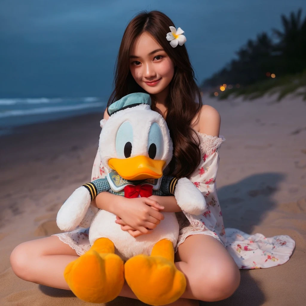 a beautiful 25 year old Indonesian girl wearing a nightgown, pajamas, trousers. was sitting holding a large Donald Duck doll. low tide beach background.
