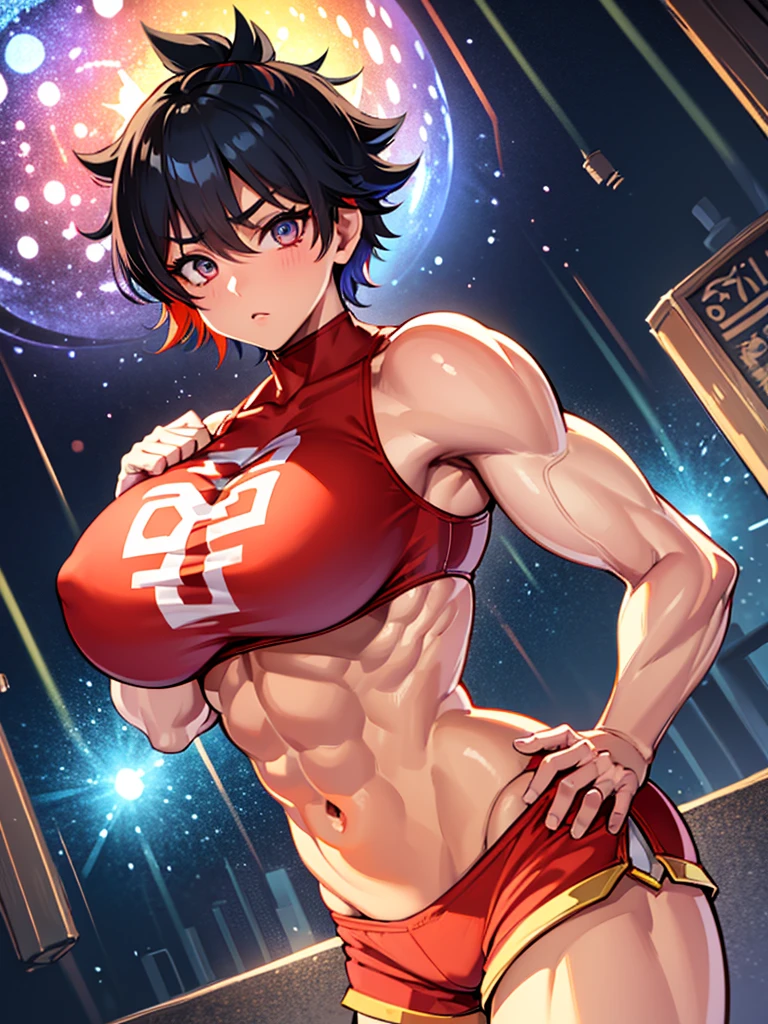 1  giant girl, solo, very muscular asian woman, short hair, ((multicolored hair)), big eyes, (huge muscles), ((huge biceps)), muscle abdomen, muscular abs, wearing stretched cut top, wearing mini-shorts, standing in home, soaking wet, [[[[water dripping off of her]]]], hypermuscle, hyper muscles, beatiful look, flex pose