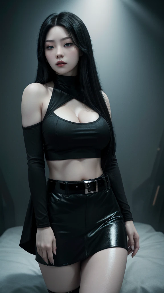 Photorealistic, Ultra realistic, 16k, high quality, cinematic lights, dream atmosphere, dream aesthetic, 1girl, Jennie kim, black hair, realistic silky hair(red), cute pale-turquoise eyes (shiny look), long flowing hair(realistic), gothic makeup, pale-white skin illuminated, realistic textured skin, realistic shading, alternative outfit, cleavage, large natural breasts, (black crop top:1.2), bare shoulders, black midriff, black miniskirt, realistic textures, belt, 16k resolution, detailed face and eyes, muscular female body, strong arms, lean belly, big hips, muscular thighs, thick legs, full body, realistic, style-paintmagic, different positions at different types of angles.
