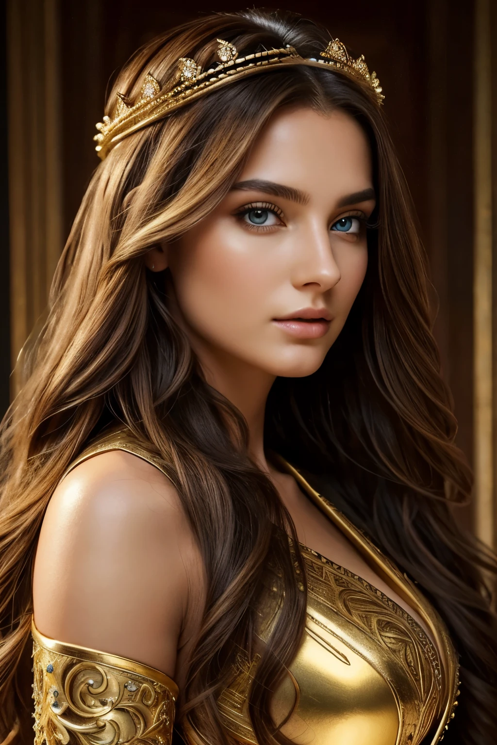 Absurd, ultra-detailed, high quality, masterpiece, detailed face, beautiful eyes(detailed eyes), Greek mythology, Goddess, Hera , the queen of the gods, striking and captivating, features are classically beautiful, with high cheekbones, a perfectly proportioned face, eyes depicted as large and captivating, hold an intense gaze, golden hair , Gole hair is luxuriant and flowing, cascading down her back in waves , wearing elegant robes adorned with intricate patterns , Her beauty is not merely superficial but embodies the essence of power, authority, and regality, good open breast, good booty, much torn in clothes, view to thigh, many torn in clothes, view to thigh, cluster skin