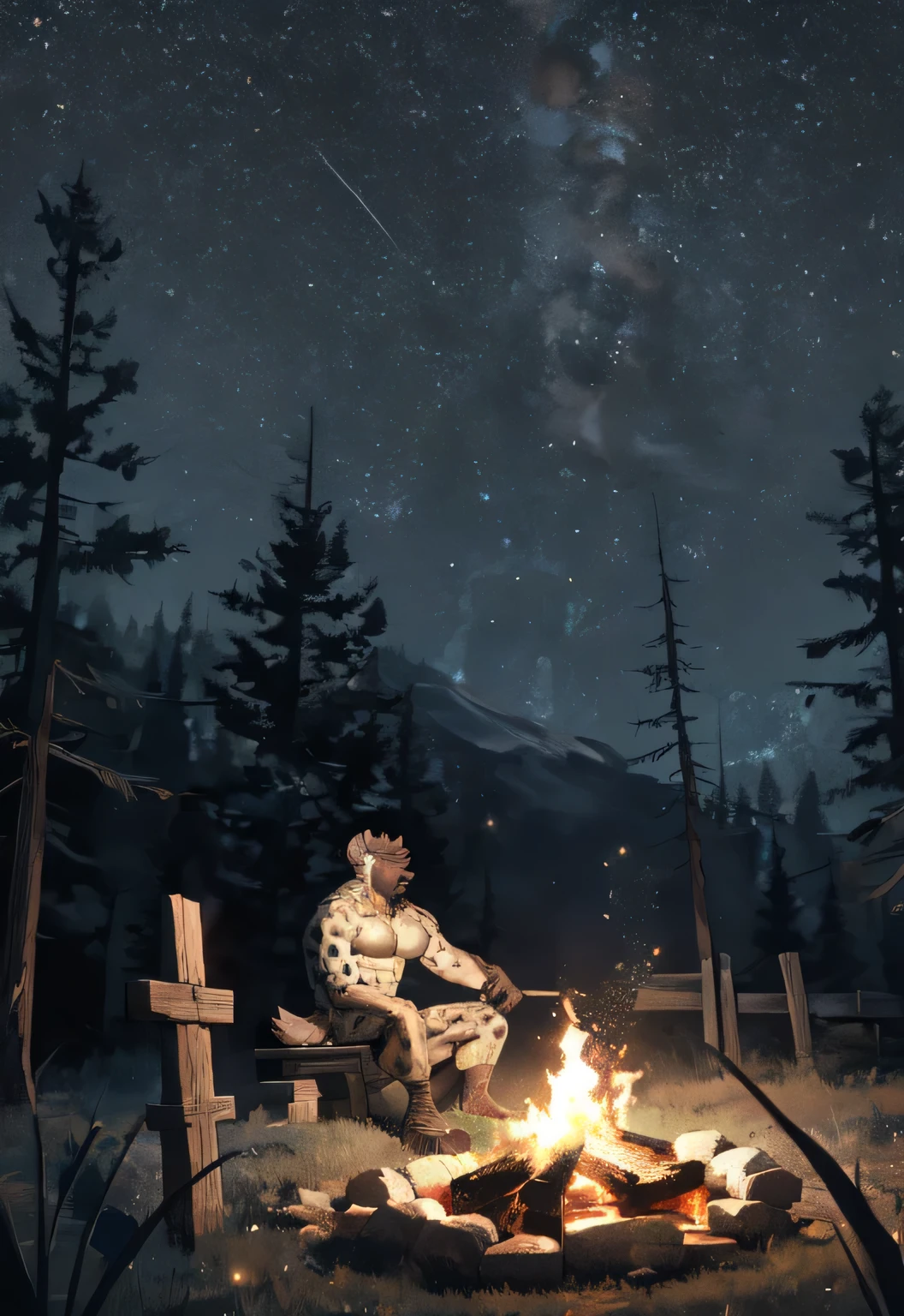 Solitary, Beast field, (hyena), anthropology, male, The upper body is naked, scale, Tail, muscle, Handsome,Bad,Front, middle Ages, fantasy, outdoor, external, dark, night, forest, campfire, camp, Star, sitting, Claws, epic, Depth of Field, Perfect lighting, (Light Particles),(best quality),(masterpiece),(ultra deTailed),Clear focus,Light Particles