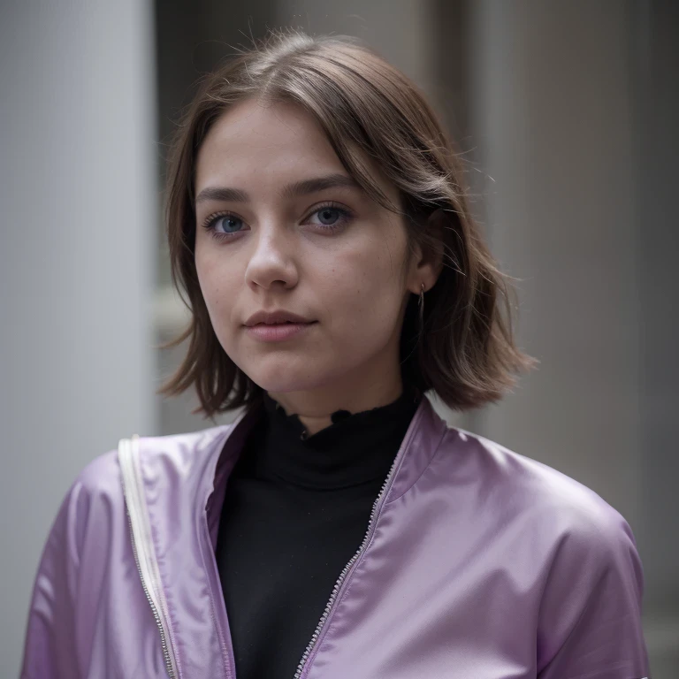 photo of a college student, in Purple Pink, futuristic space suit, (freckles:0.8) cute face, sci-fi, dystopian, detailed eyes, Heterochromia eyes（（Side view））