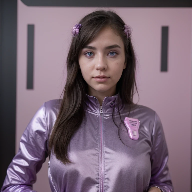 photo of a college student, in Purple Pink, futuristic space suit, (freckles:0.8) cute face, sci-fi, dystopian, detailed eyes, Heterochromia eyes（（Side view））