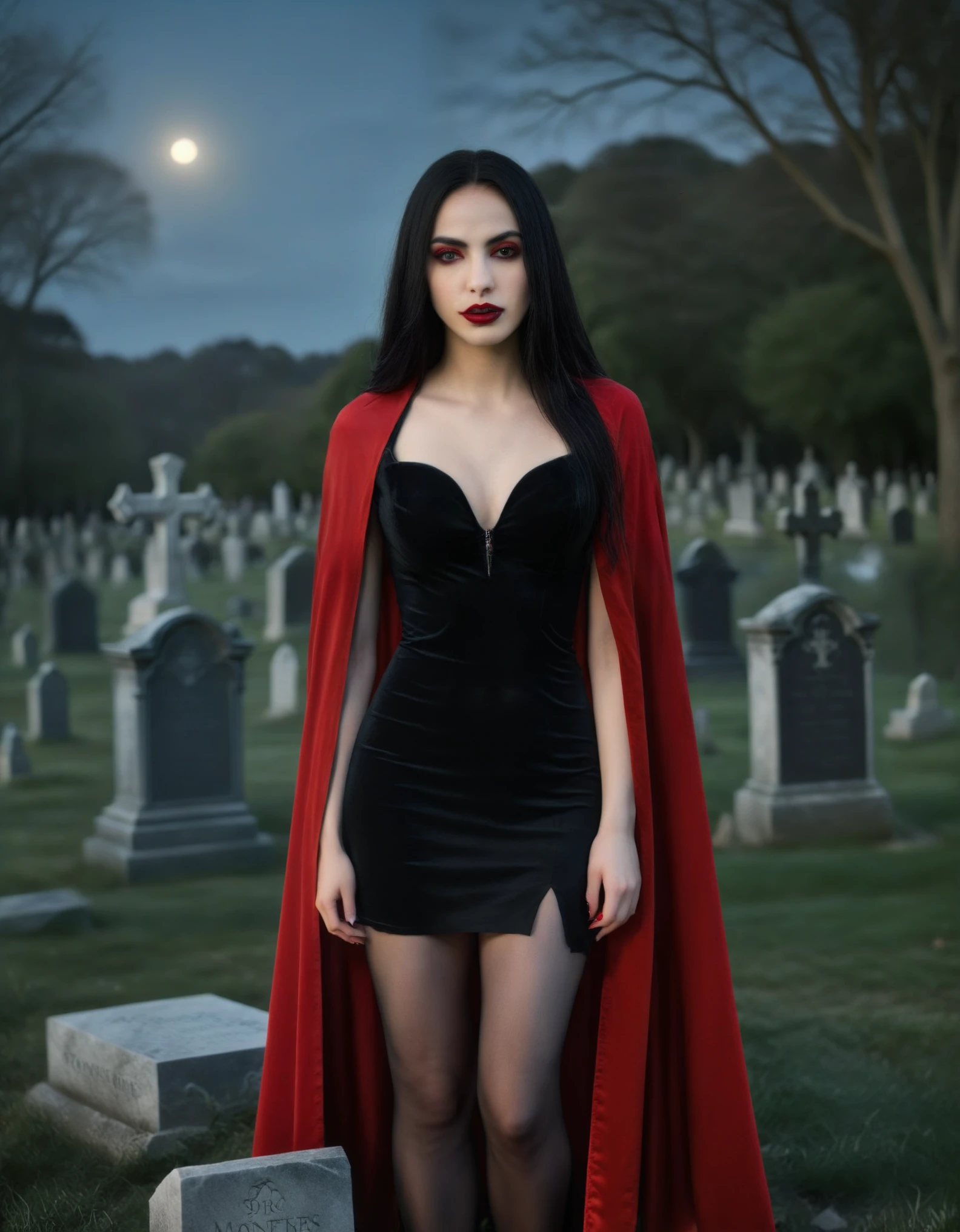 (best quality,4k,8k,highres,masterpiece:1.2),ultra-detailed,(realistic,photorealistic,photo-realistic:1.37),portrait,gothic girl,cemetery,red cape,black tight dress,long black hair,pale skin,dark makeup,red lips,sharp fangs,elegant pose,confident expression,intense gaze,moonlight,gravestones,Middle Ages atmosphere,haunting,occult symbolism,nighttime atmosphere,romantic,vampire queen,feminine power,mythical,enchanted,ethereal,contrast of light and shadow,soft lighting,rich and vibrant colors,mysterious ambiance,impressive details