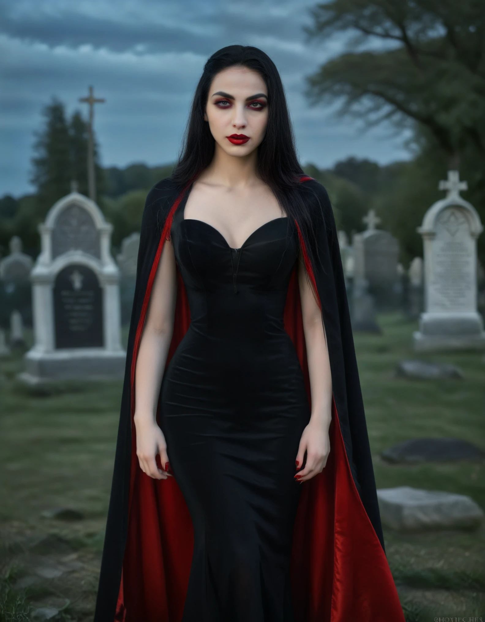 (best quality,4k,8k,highres,masterpiece:1.2),ultra-detailed,(realistic,photorealistic,photo-realistic:1.37),portrait,gothic girl,cemetery,red cape,black tight dress,long black hair,pale skin,dark makeup,red lips,sharp fangs,elegant pose,confident expression,intense gaze,moonlight,gravestones,Middle Ages atmosphere,haunting,occult symbolism,nighttime atmosphere,romantic,vampire queen,feminine power,mythical,enchanted,ethereal,contrast of light and shadow,soft lighting,rich and vibrant colors,mysterious ambiance,impressive details