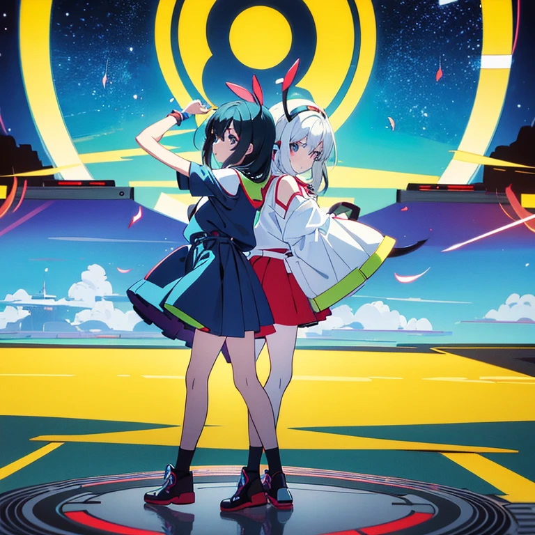 two anime girls in headphones are playing music on a turntable, anime vibes, anime style 4 k, ig studios anime style, nightcore, 8 0 s anime vibe, anime girls, anime style. 8k, lofi artstyle, dj sura, anime moe artstyle, anime style illustration, trending on cgstation, anime style artwork, e - girl,flying attack,dancing,Deathblow