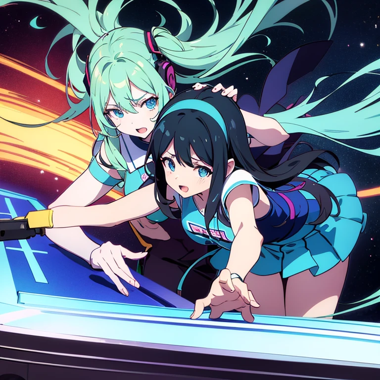 two anime girls in headphones are playing music on a turntable, anime vibes, anime style 4 k, ig studios anime style, nightcore, 8 0 s anime vibe, anime girls, anime style. 8k, lofi artstyle, dj sura, anime moe artstyle, anime style illustration, trending on cgstation, anime style artwork, e - girl,flying attack,dancing,Deathblow