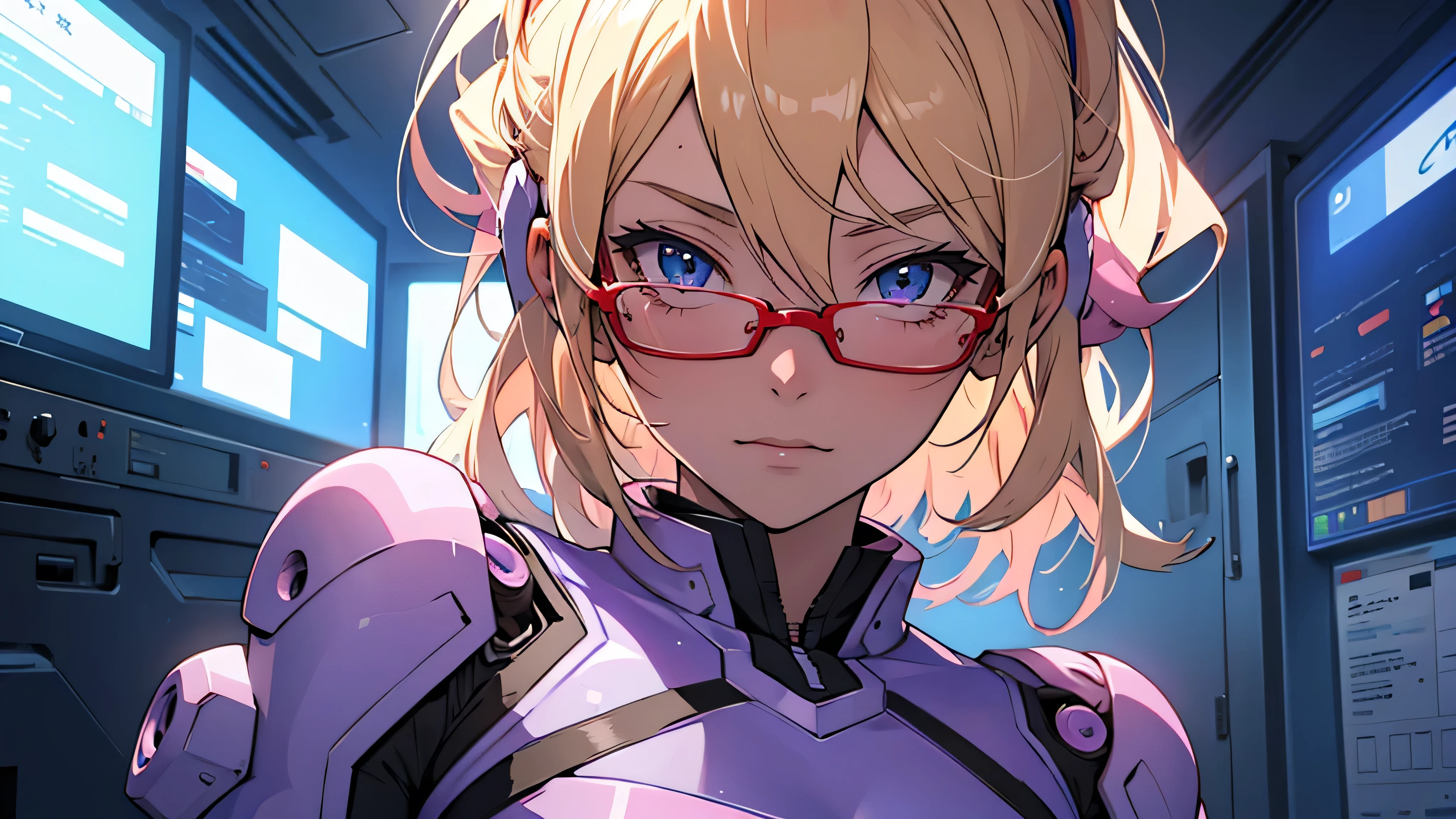 anime　An illustration　Purple Robot　Dom　Light blue check dress　Red glasses　Blonde　Light blue mesh　beautiful girl　Sora Sakurano　clear　one person