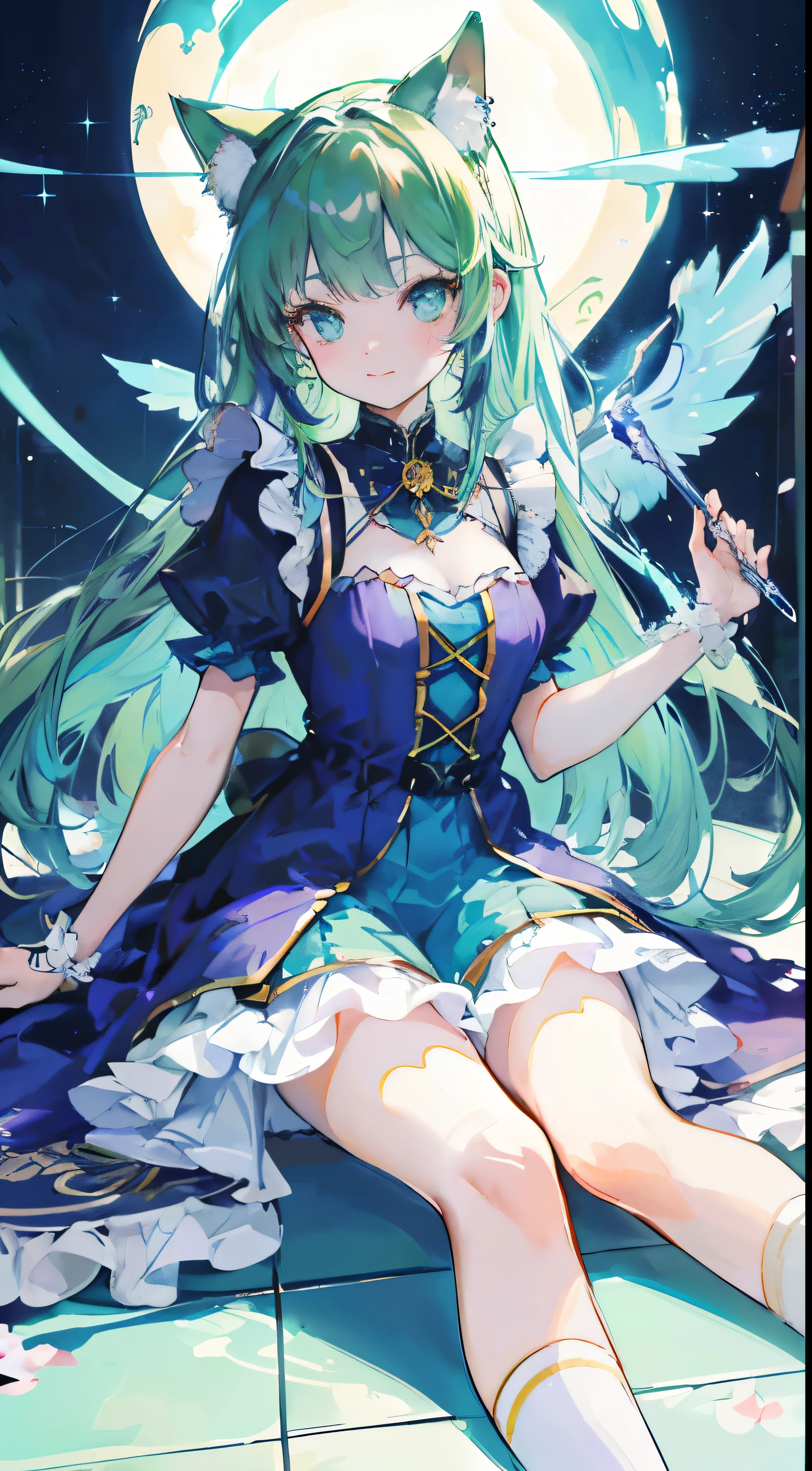 ((Tabletop, highest quality: 1.1), ((Anime girl in a blue dress holding a magic wand)), Art Nouveau、Anime Cat girl wearing a maid costume, , ((Green hairs))、Long-haired person、((Eyes that shine like jewels, Long eyelashes, Transparency))、Very Beautiful Anime Cat girl, anime cat girl, ((White knee-high socks)), Attractive cat girl, I&#39;At the candy store,Inspired by Leiko Ikemura, Takano Aya color style, in ryuuou no oshigoto art style, Cat girl, Someone you admire, rei hiroe、smile