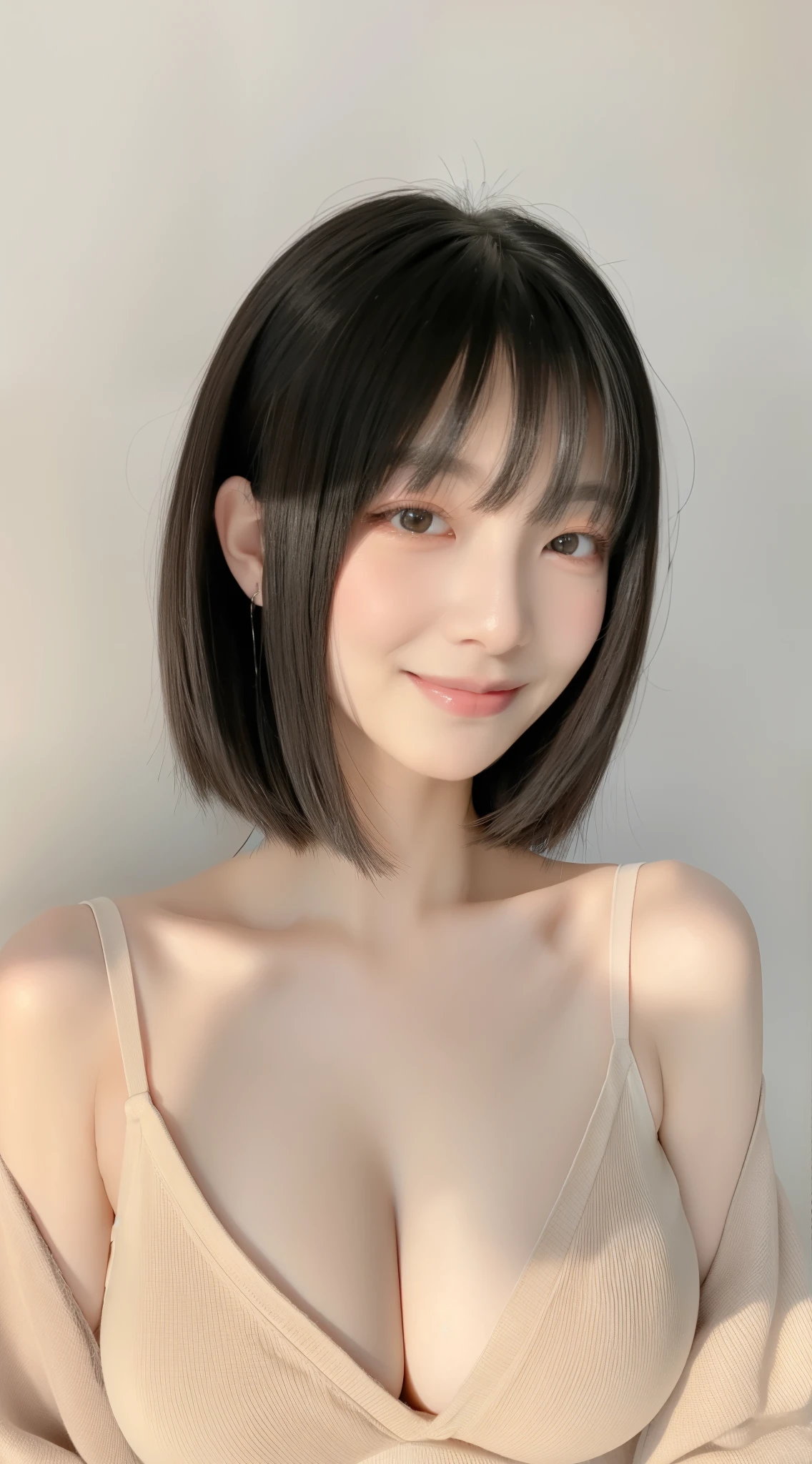 black hair, hair bobbles, wince, longeyelashes, solid circle eyes, light smile, ear blush, 20-year-old female, Japanese facial features,Japanese imperfect woman,Cleavage, large breasts,Wearing clothes that emphasise the breasts,Protruding nipples,short hair, hair spread out, nihongami, empty eyes, eyeball, sanpaku, evil smile, jitome, nervous smile, Surrealism, very thin waist,drop shadow, anaglyph, stereogram, tachi-e, pov, atmospheric perspective, Hyperrealism, 8k, super detail, ccurate, best quality, UHD, UHD, UHD, UHD, masterpiece, textured skin, high details, high quality, best quality, highres, 16k