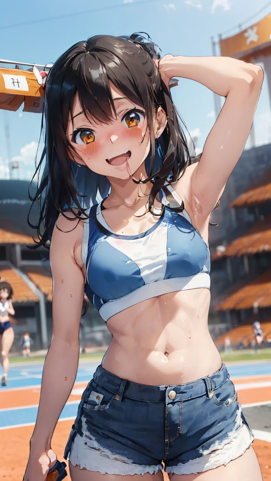 1 female,Black Hair,(()),(((White and blue sports bra and shorts)))(((blush、Laughing with your mouth open)),(((Yuki Mikan))),crowd(Girl&#39;s body type)(((Small breasts)))Sexy pose,Outdoor Playground