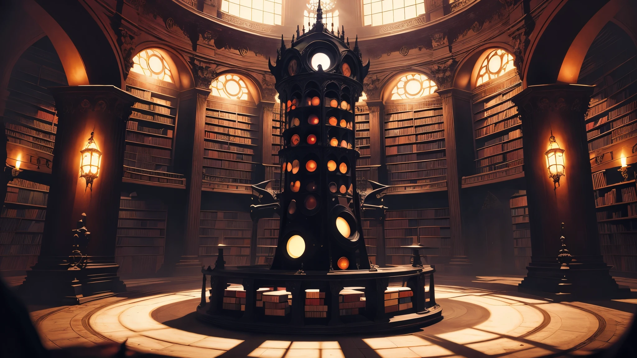 (Gothic style library,Floating huge magic circle aperture,Magic Aura,The whole wall is covered with books,)Demon style,Different world,Retro