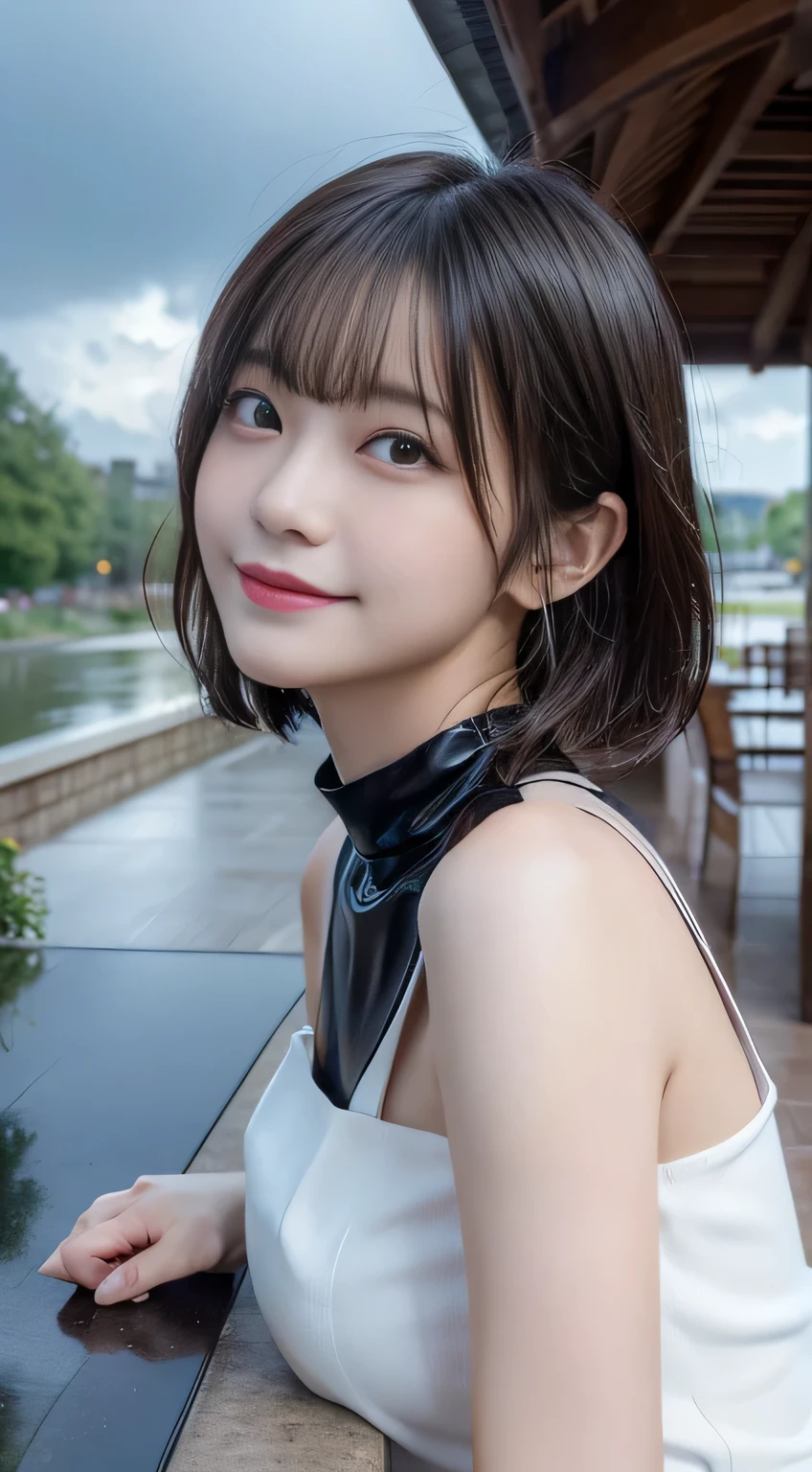 Tabletop, highest quality, figure, Very detailed, In detail, High resolution, 8k wallpaper, Perfect dynamic composition, Beautiful fine details, short hair、Wet with rain、Look up at the sky、drop,Center of chest, Natural color lip, Bold sexy pose,smile,20-year-old girl、cute、sexy shot looking at camera