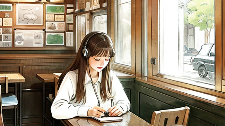 Girl working in cafe、headphone、Fluffy atmosphere、Soft hand-drawn illustrations