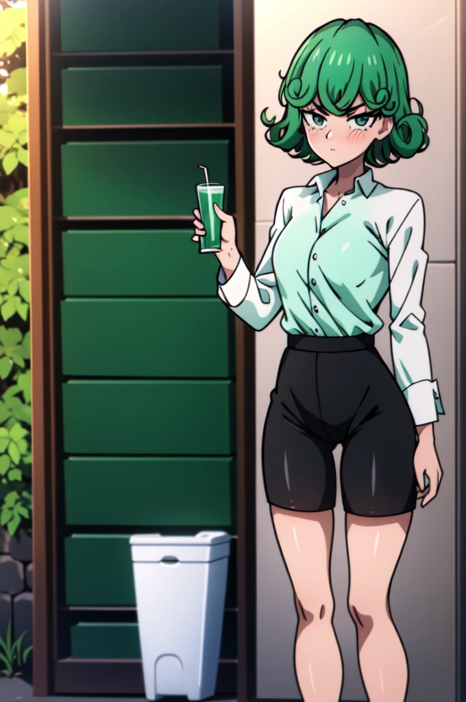 absurdres, highres, ultra detailed, tatsumakitornado, short green hair, curly hair, white shirt, black shorts,office outfit,outdoors, green eyes ,full body ,looking up at veiwer, blushing ,standing,drinking water ,hiding face