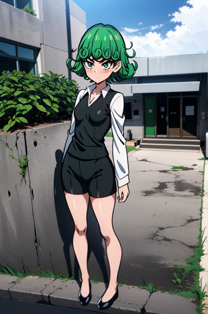 absurdres, highres, ultra detailed, tatsumakitornado, short green hair, curly hair, white shirt, black shorts,office outfit,outdoors, green eyes ,full body ,looking up at veiwer, blushing ,standing,drinking water ,hiding face