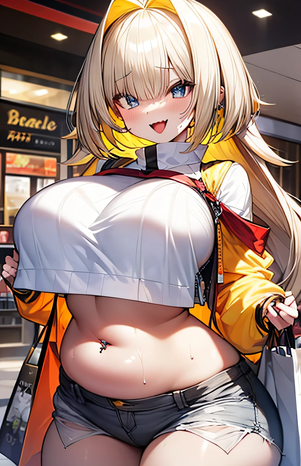 Anime illustration、highest quality、Short high school girl、first round、Belly button piercing、Perfect proportions、Shopping mall、overwhelmingly big breasts、Beautiful, shining eyes、Cowboy Shot、smile、Excessive sweating、Noise Reduction