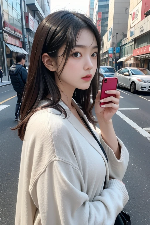 (8k:1.27), highest quality, masterpiece, Ultra - High Resolution:1.2) Japanese women photos (beautiful:1.1) A woman looking at her smartphone screen in the city Noticeably poor posture Looking down