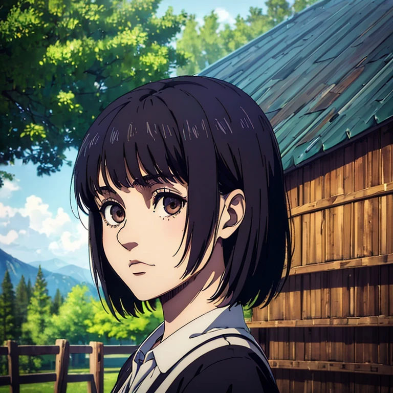 best quality, highres, masterpiece:1.2), ultra-detailed, (realistic, photorealistic, photo-realistic:1.37), 8 girl , Mappa art style, raven black short hair with bangs, brown eyes, behind her a cabin , she is blue dress