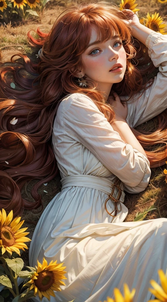 1 mature woman with redhead long wavy hair with bangs (wavy hair) (hair flying on the air) (blue eyes), red princess clothes (red color), (masterpiece), soft sun light, (incredibly colorful), lightning falling on the ground, soft light on her face, (ultra high quality), (8K quality), depth of field, ambient lighting, ((soft detail)), sunflower flower field background (sunflower petals flying on the air), she is laying in the middle of flower field ((laying down pose)) ((looking up while laying)), view from top down, white lighting effects, (realistic: 1.3), (max sharp) (detailed face) (detailed eyes), detailed lighting, perfect shadow, Masterpiece, best picture quality, nature landscape full of delicate leaves, petals of various colors slowly falling in the air, lighting excellent enough, overall picture quality very detailed and realistic, best illustration and best shadow effect.