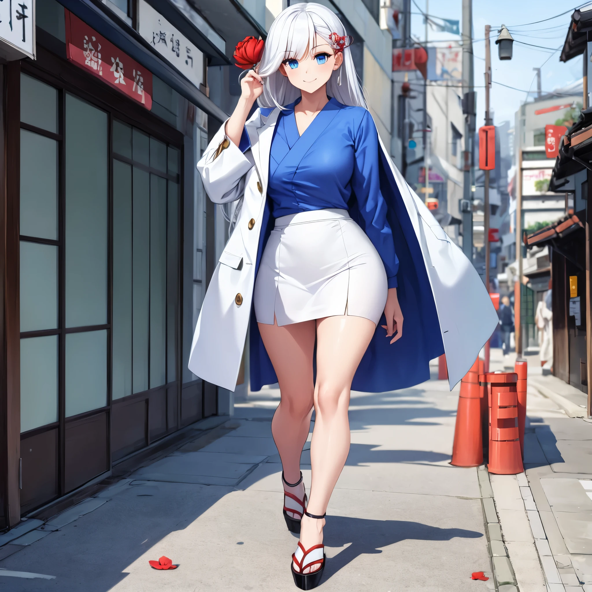 a woman wearing a blue shirt, white skirt, white coat, exposed thigh, long white hair, blue eyes, smiling, a red flower in her hair, female heels, walking on a sidewalk in a large modern Japanese city,ultra resolution, sharp, masterpiece, 8K HD (solo woman)