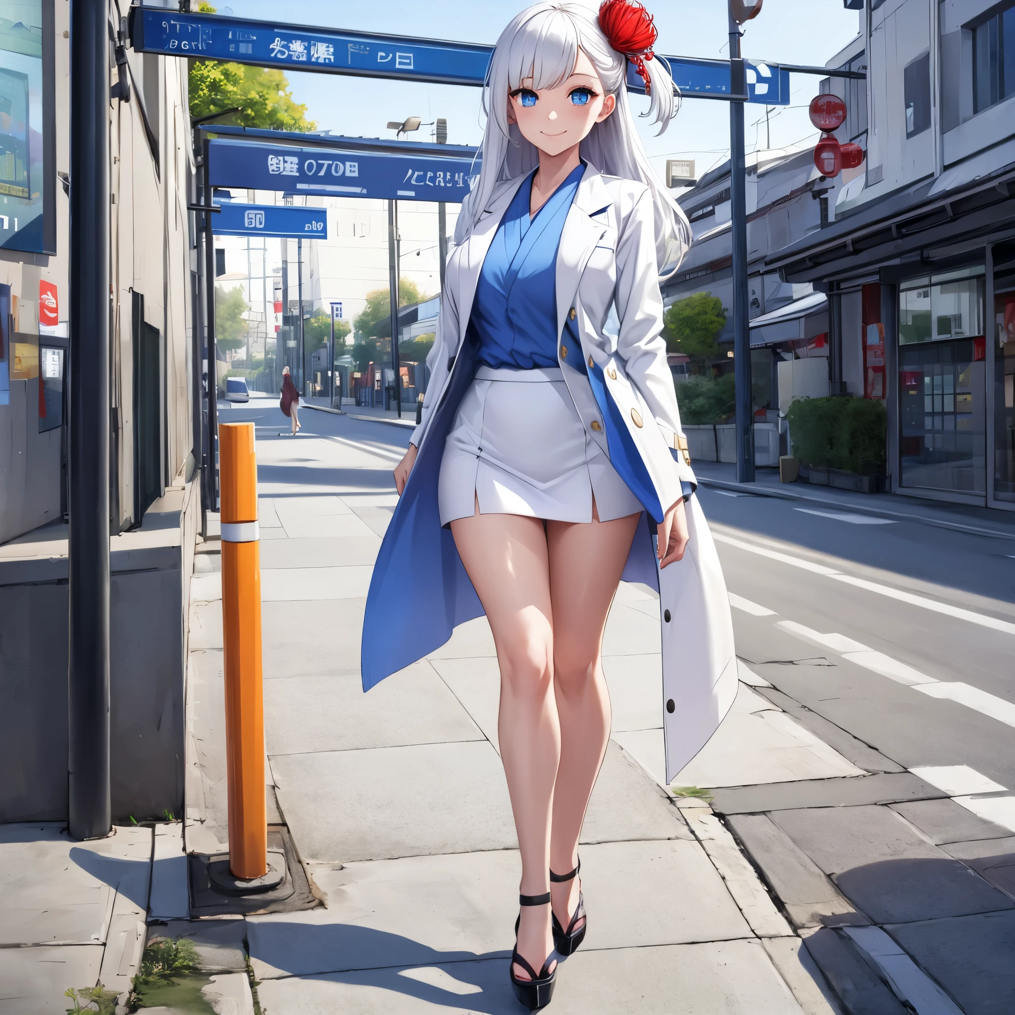 a woman wearing a blue shirt, white skirt, white coat, exposed thigh, long white hair, blue eyes, smiling, a red flower in her hair, female heels, walking on a sidewalk in a large modern Japanese city,ultra resolution, sharp, masterpiece, 8K HD (solo woman)
