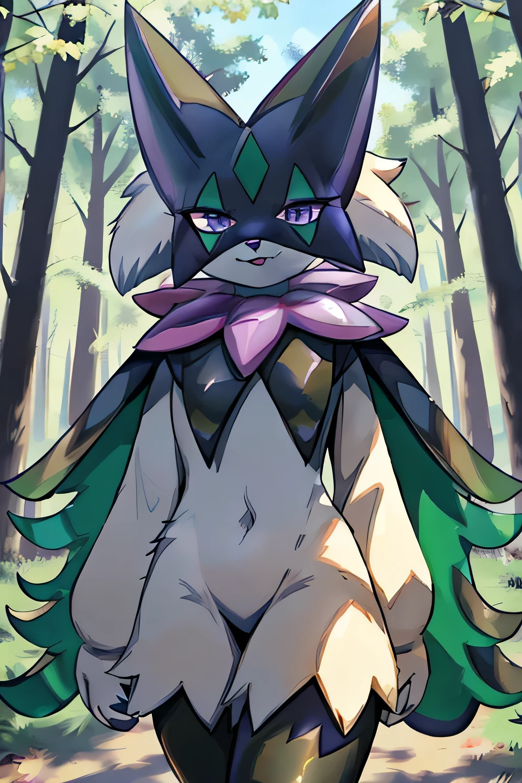 Masterpiece, Medium full shot Portrait, The best quality, the highest picture quality, Detailed, Meowscarada, Pokémon, short snout, detailed eyes, forest background, day, female, solo, shiny pokemon, purple eyes, happy