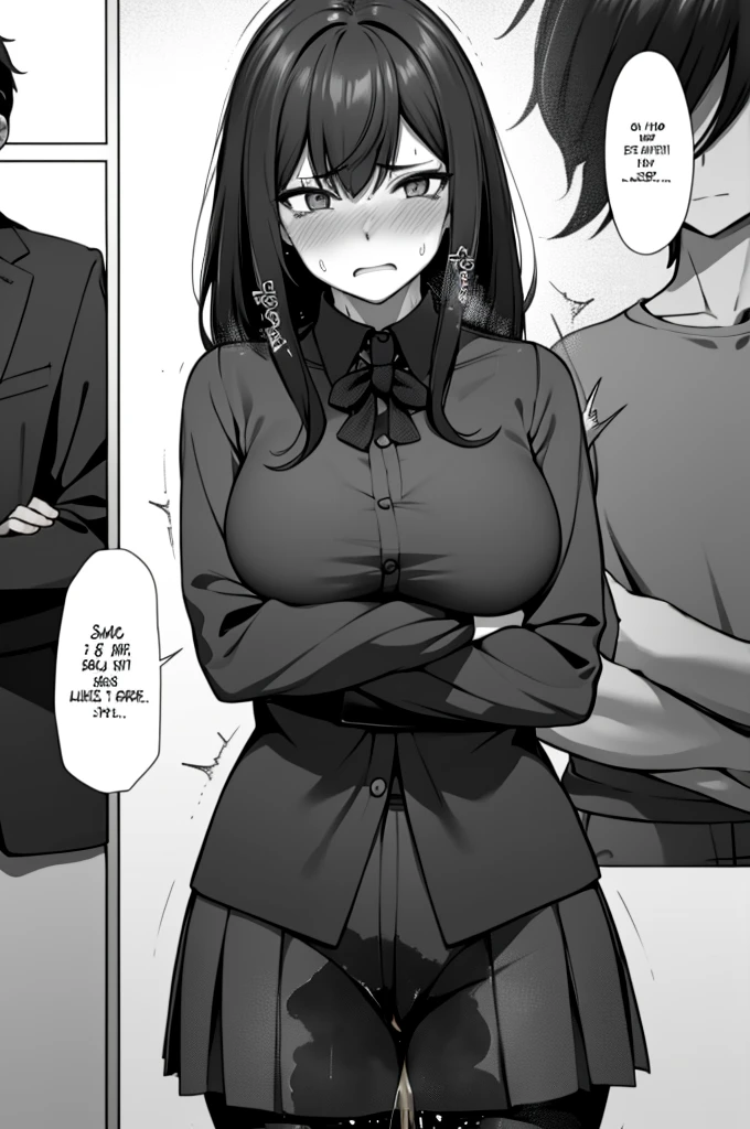 A woman with long black hair, wearing a business outfit consisting of a suit, pencil skirt, and pantyhose, stands in a monochrome setting. The artwork is inspired by manga and incorporates a doujin style. The woman appears to be (wetting herself:1.5), which causes her to feel embarrassed and humiliated, resulting in a blush on her face. In addition, there is an air of anger in her expression. The lighting in the scene is moody, with a spotlight highlighting the woman's figure. She is crossing her arms, (arms crossed:1.5), fully showcasing her skirt., medium breasts