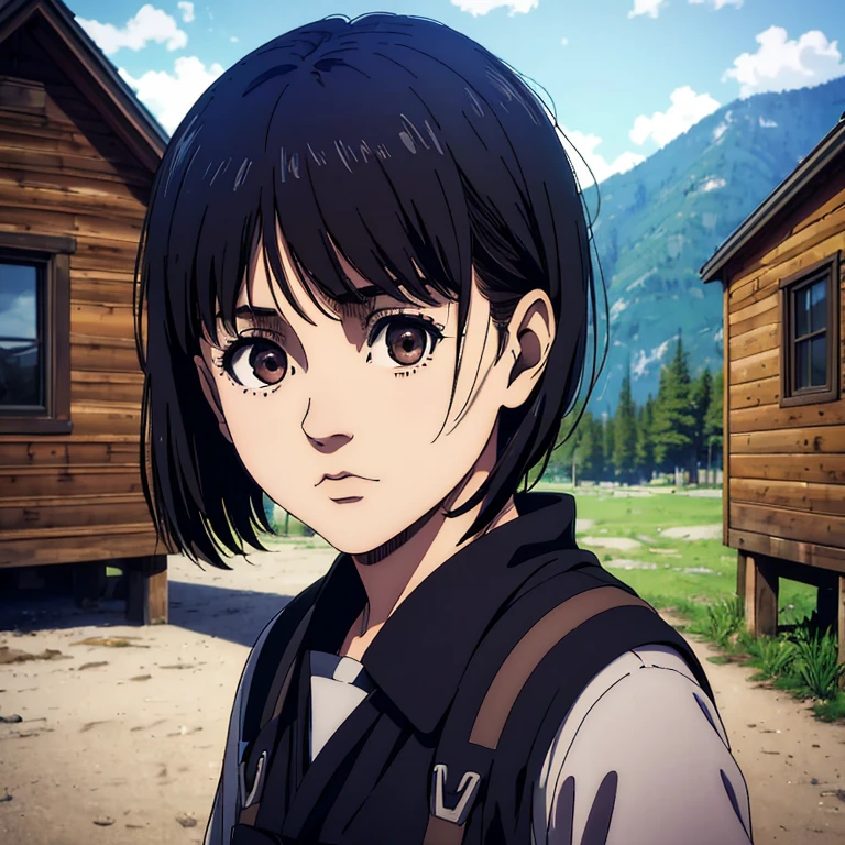 best quality, highres, masterpiece:1.2), ultra-detailed, (realistic, photorealistic, photo-realistic:1.37), 8 year old small  girl ,  Mappa art style, raven black short hair with bangs, brown eyes,  behind her a cabin , she is blue dress