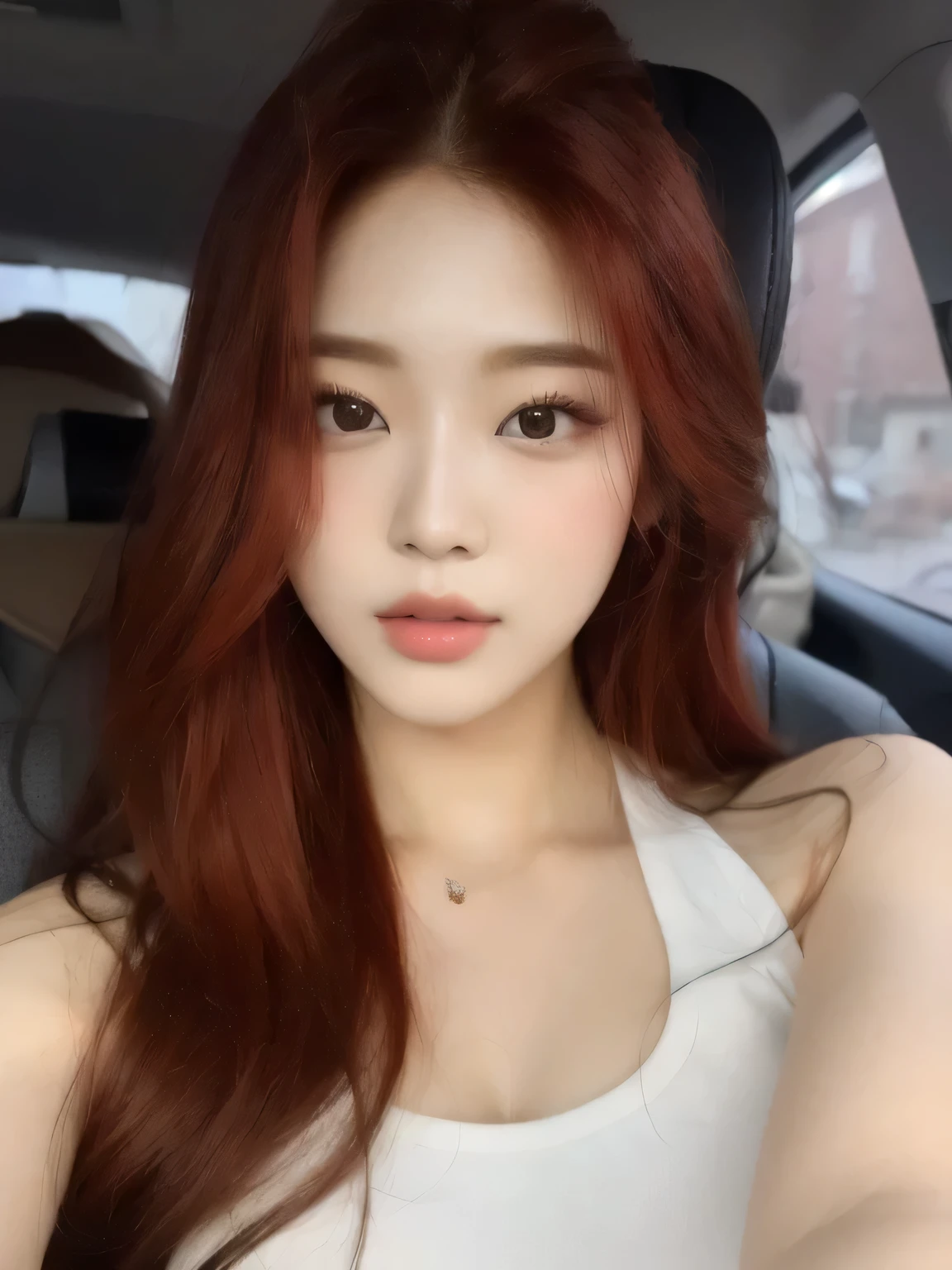 a close up of a woman with long red hair in a car, beautiful south korean woman, gorgeous young korean woman, beautiful young korean woman, korean girl, young adorable korean face, wan adorable korean face, 8k selfie photograph, popular south korean makeup, korean face features, korean woman, popular korean makeup, ig model | artgerm, ulzzang