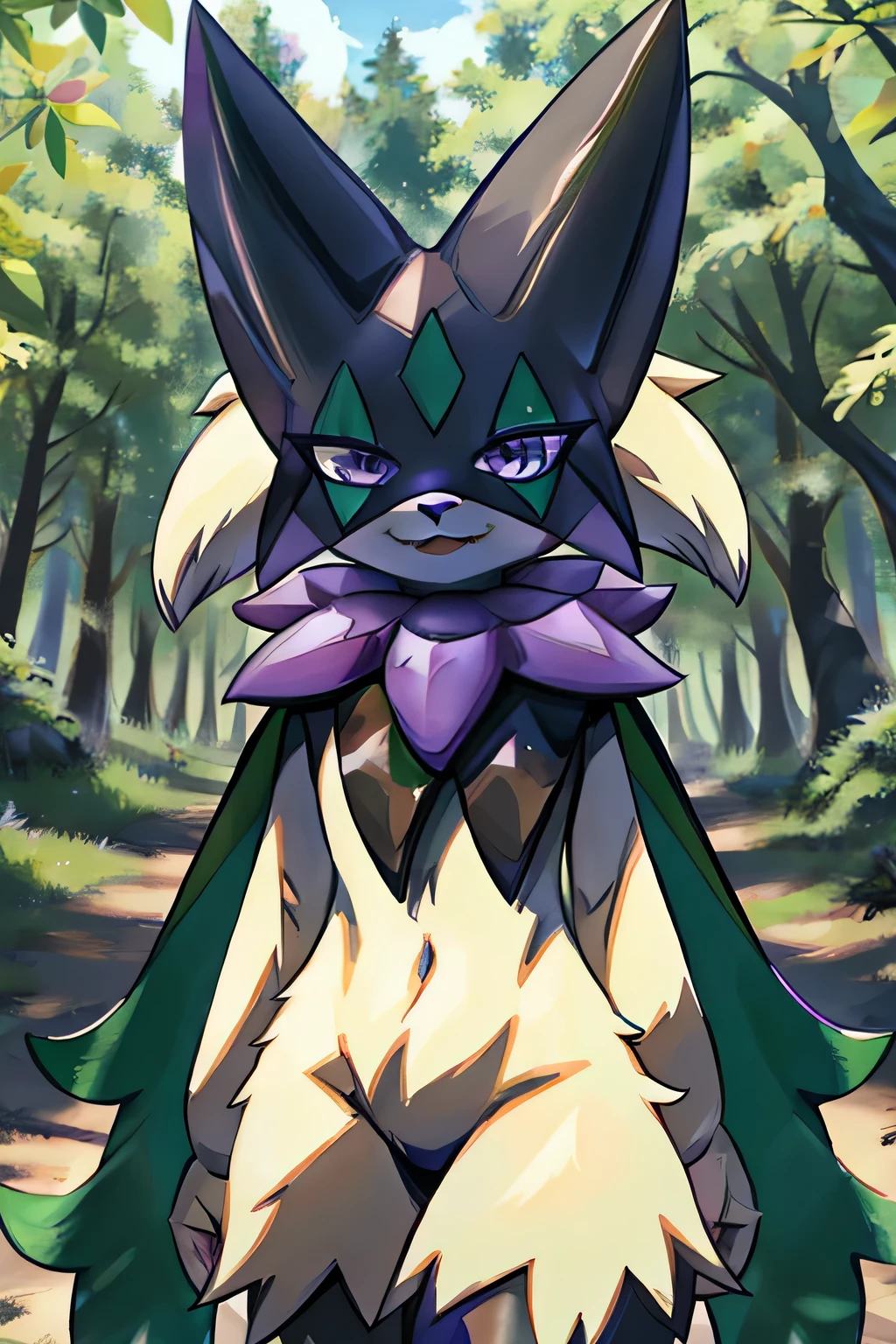 Masterpiece, Medium full shot Portrait, The best quality, the highest picture quality, Detailed, Meowscarada, Pokémon, short snout, detailed eyes, forest background, day, female, solo, shiny pokemon, purple eyes, happy