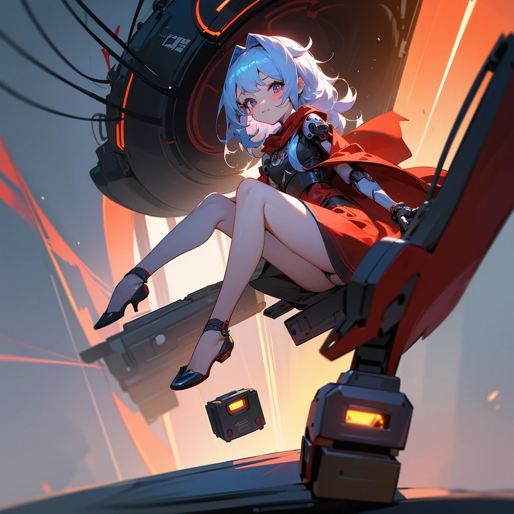 Photo (cute) Apprentice mechanic girl. Her gaze is sharp, Her face is hidden under a mask with monitors and LEDs.. Graceful mechanical limbs complete her elegant look., Her outfit emphasizes her strength and uniqueness in the technology world., Big Head, cute girl, Red Cape , Laughter, (((Little)), Full Body, Full Leg,