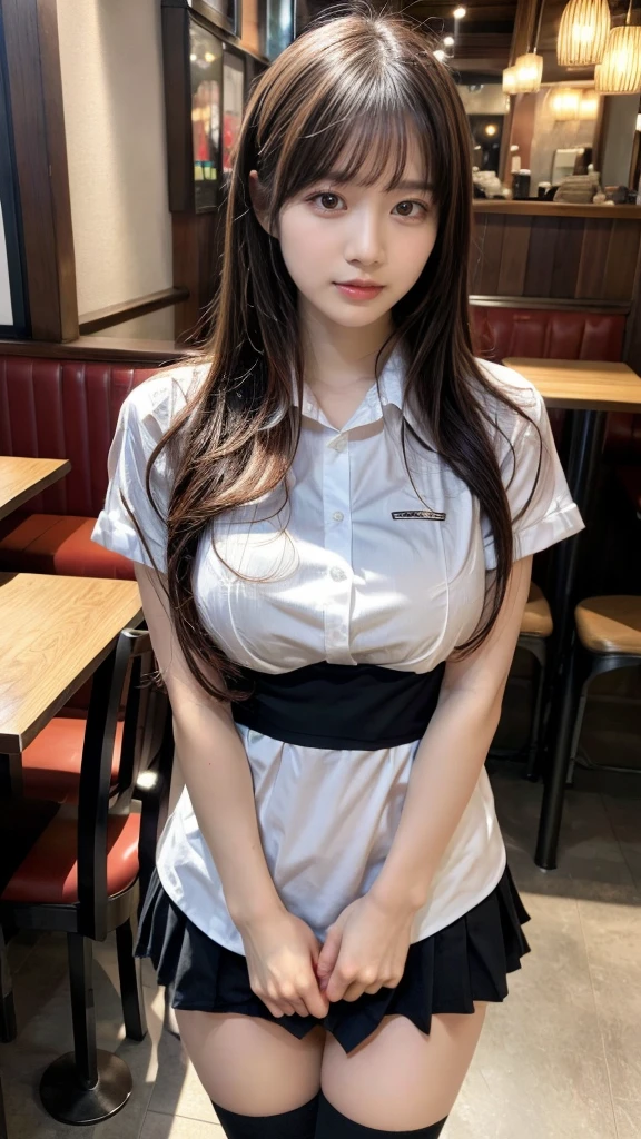 muste piece, best quality, illustration, Super detailed, fine details, High resolution, 8K,wall paper, perfect dynamic composition,(Details High quality, realistic depiction of eyes:1.3), restaurant, waitress uniform, short bob hair, large breasts, black hair color, Big Natural Color Lip, bold sexy pose, (perfect body shape), crying a little、cold gaze, Harajuku style、20 year old girl、cute type, beautiful legs, hposing Gravure Idol, Voluptuous thighs