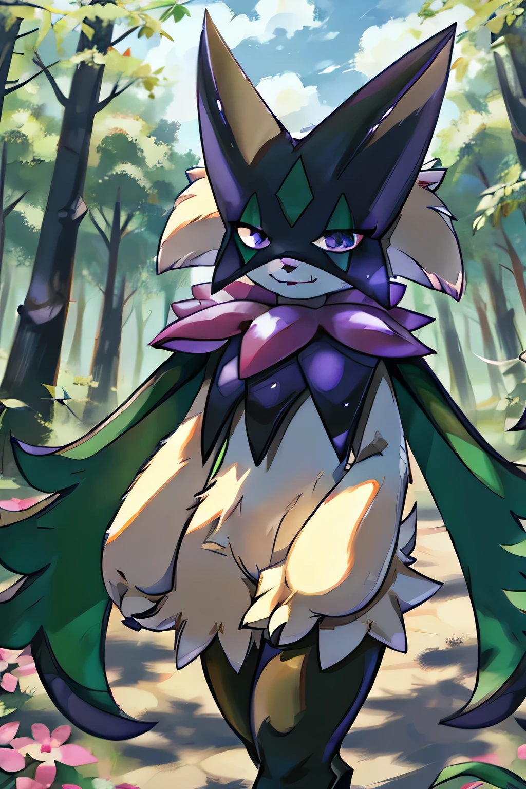 Masterpiece, Medium full shot Portrait, The best quality, the highest picture quality, Detailed, Meowscarada, Pokémon, short snout, detailed eyes, forest background, day, female, solo, shiny pokemon, purple eyes, happy