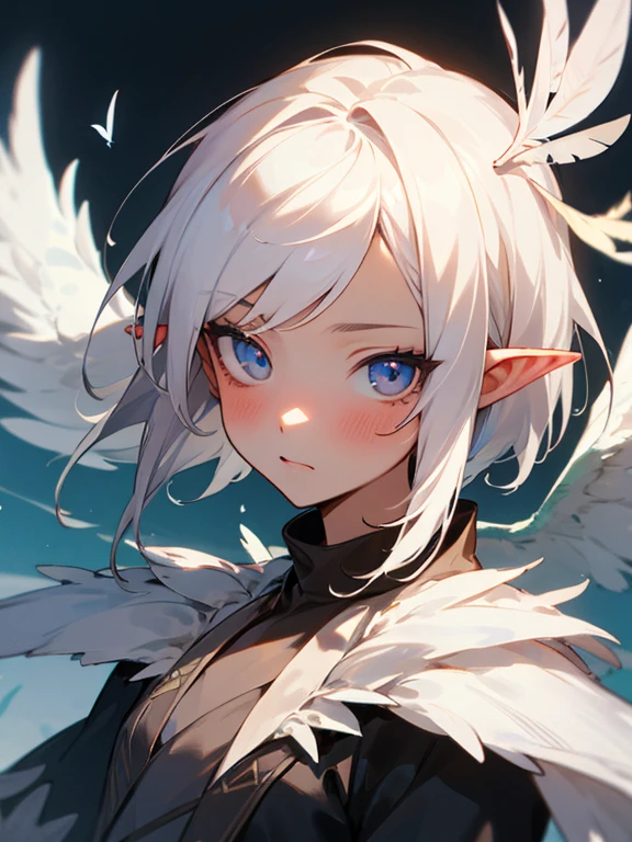 Masterpiece, best quality, expressive eyes, perfect face, 1girl, solo, wings, feathers, monster girl, harpy, winged arms, blush, pointy ears, white hair, feathered wings,