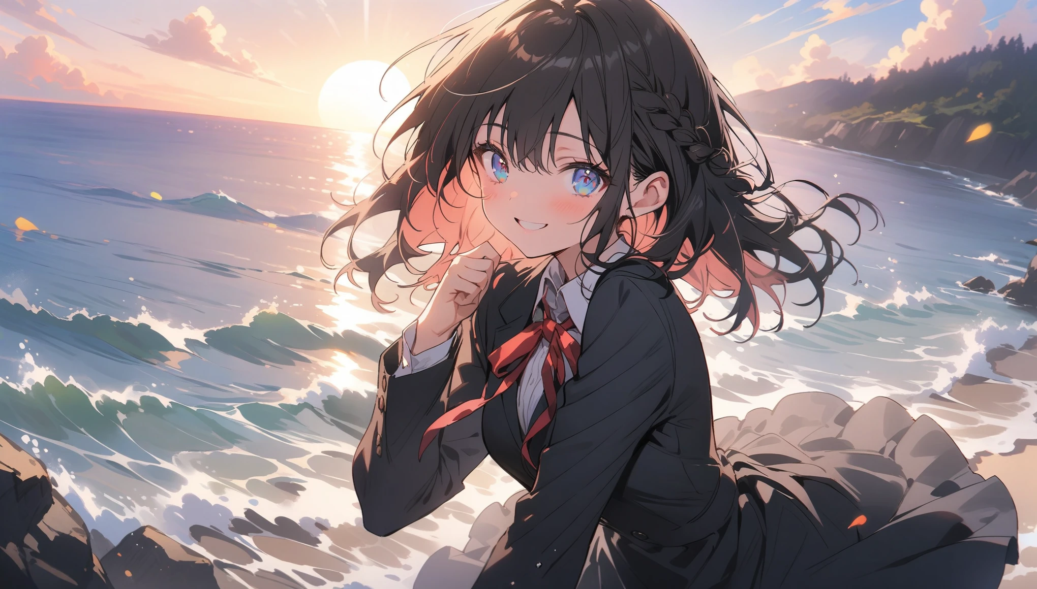 (masterpiece, 最high quality:1.2), Everyday Scenes, Movie Scenes, only one girl、One girl(high quality, Breathtaking),(Delicate eyes, 最high qualityな顔), sunset、Cowboy Shot,Close your eyes and smile、Black hair × Blue eyes、fish-bone braid hair、Black long sleeve blazer,Black pleated skirt、Knee-high socks、loafers