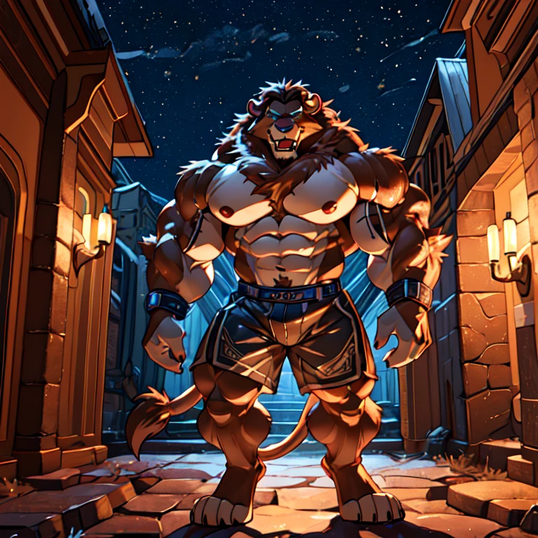 A photorealistic image of the Beast from the movie Beauty and the Beast, super muscular giant, with muscular arms, broad shoulders, giant and toned physique, bursting muscular veins, blue eyes, tail, super furry brown fur, backward facing horns, with veins jumping, barefoot, super giant 50 meters high in the center of a city Lora:, full height. 4K, high resolution, best quality, (strong pecs, defined muscles, muscular shoulders), correct anatomy, (by Wfa:1.0), (by Takemoto Arashi:1.0), (by Taran Fiddler:0.5), sensual, (pink shorts , topless), sensual shadows, slender posture, open mouth, show tongue, open:1 eyes, detailed eyes