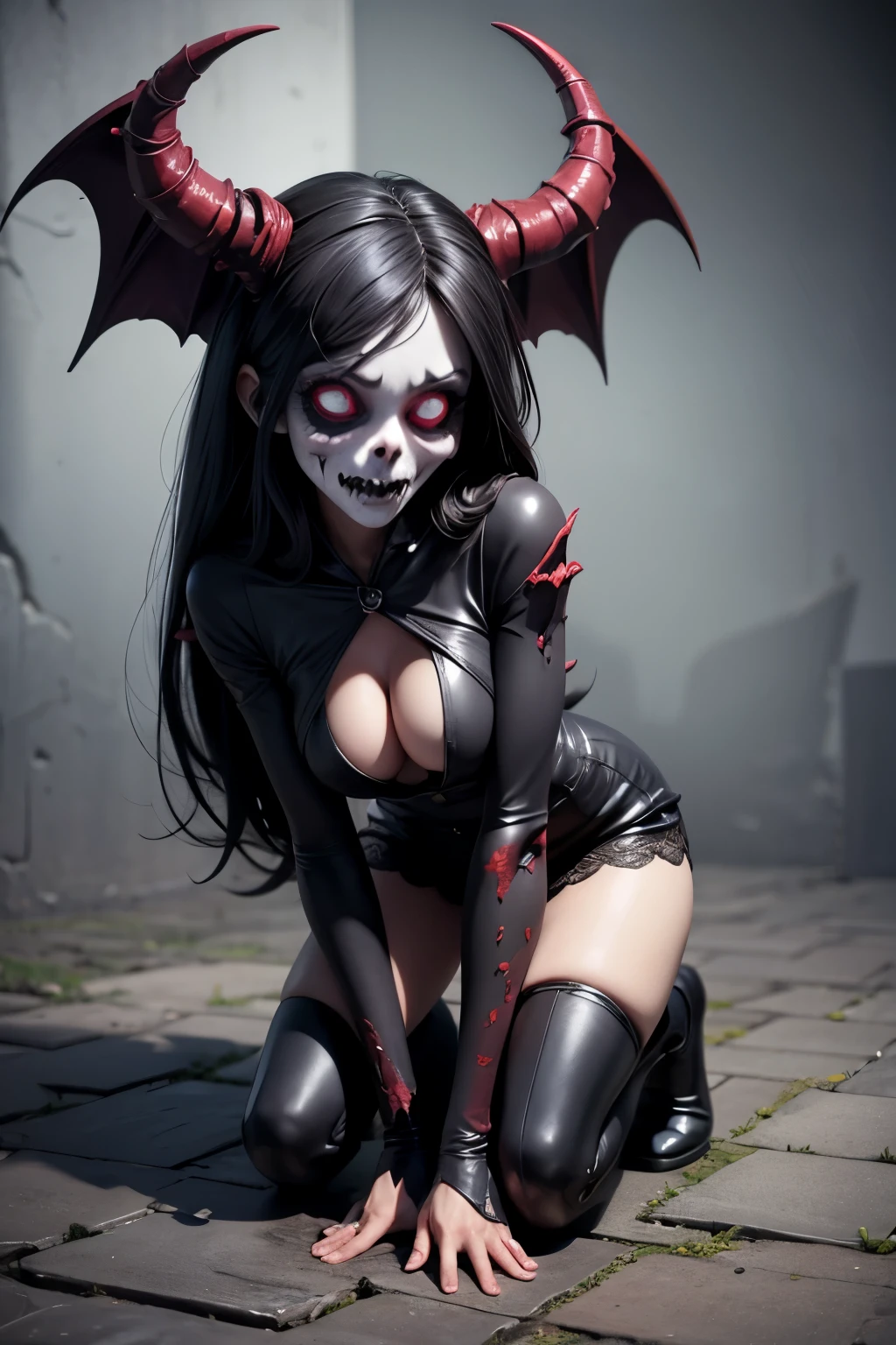 Undead sinner on her knees sucks demon's cock, forced oral sex, (mouth rape:1.3), Sexual violence, hand on her head holding her hair, (traces of beatings on her body:1.2), torn clothes, Sexual slavery, hellish torment