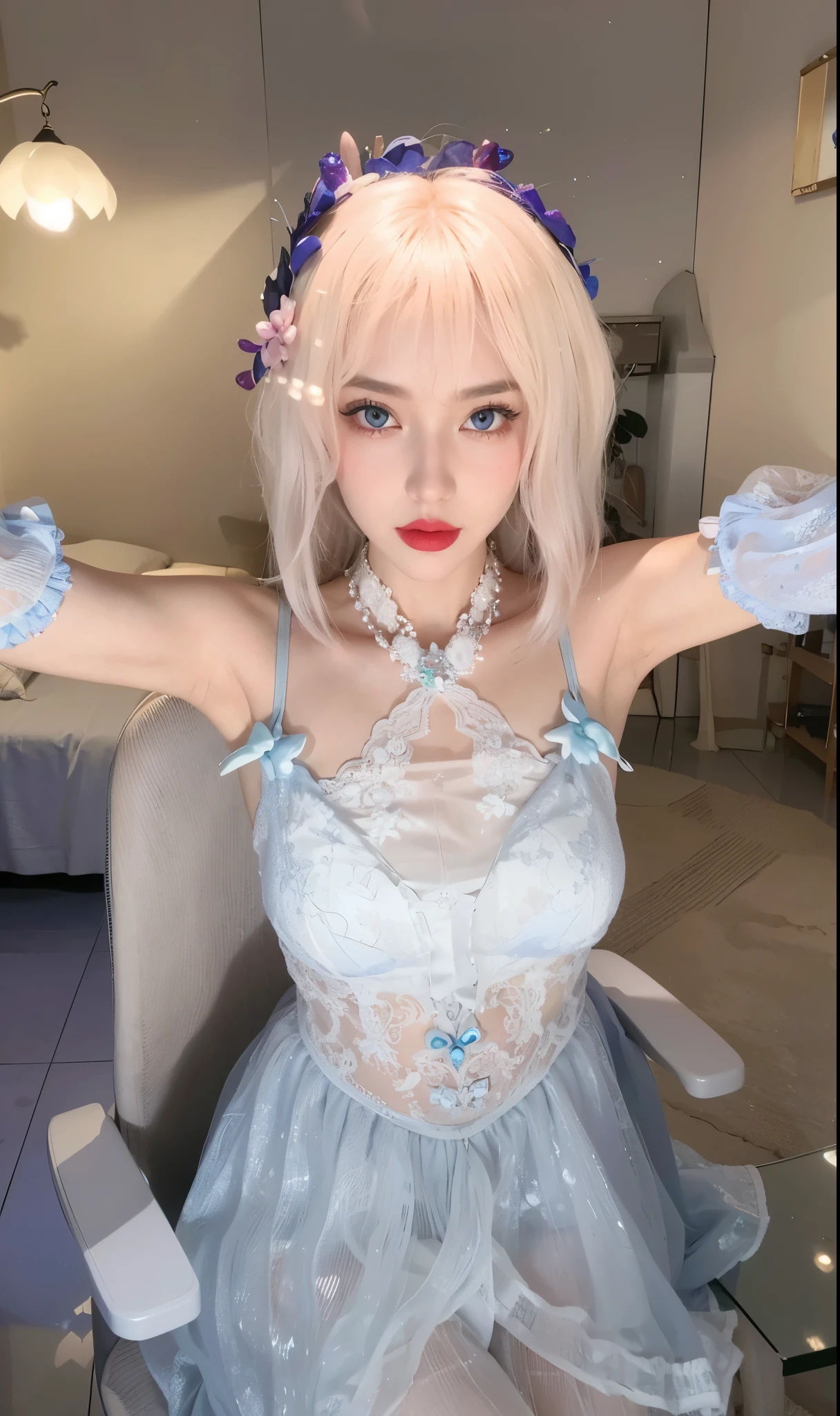 Game Art,Best image quality,Maximum resolution,8k,(A half-length photo),(portrait),(Head close-up),(Rule of Thirds),Unreal Engine 5 rendering works,20 year old girl,((Queen)),The eyes are very detailed,(Large Breasts),Elegant and noble,Movie Lighting,Ray Tracing,Game CG,((3D Unreal Engine)),OC rendering reflection mode,4K,Ultra-clear,Sensual,Translucent lace,Fair and plump figure,Pretty Face,Glossy Gel Coat,身着华贵礼服的Queen,Crystal Gem Crown,Necklace jewelry,blue eyes,Black tattoo(whole body),The tattoo is very three-dimensional,Gorgeous and intricate tattoo designs,Ultra-clear portrait,wear mask,Sexy thick lips(Red lipstick),sit on the chair,Sleeves