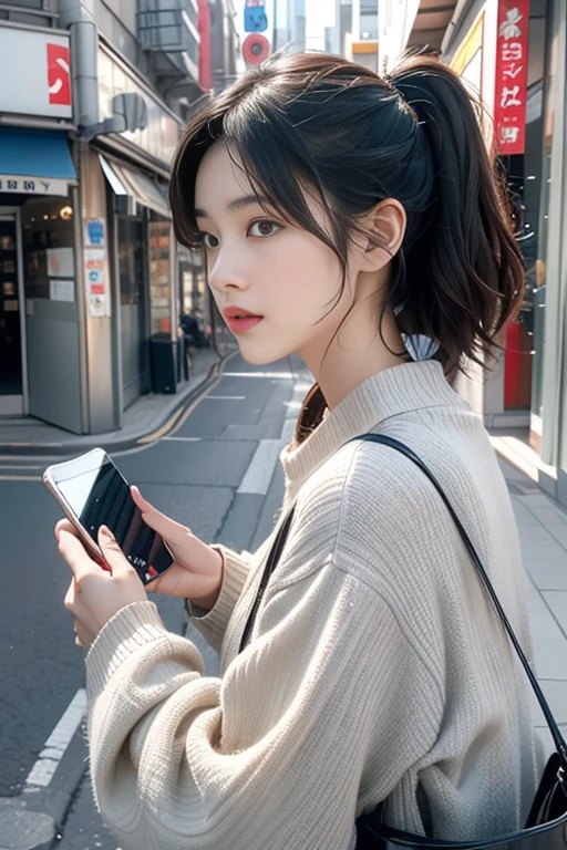 Woman looking at mobile phone screen (8k:1.27), highest quality, masterpiece, Ultra - High Resolution:1.2) Japanese women photos A woman engrossed in looking at her smartphone screen in the street Noticeably poor posture