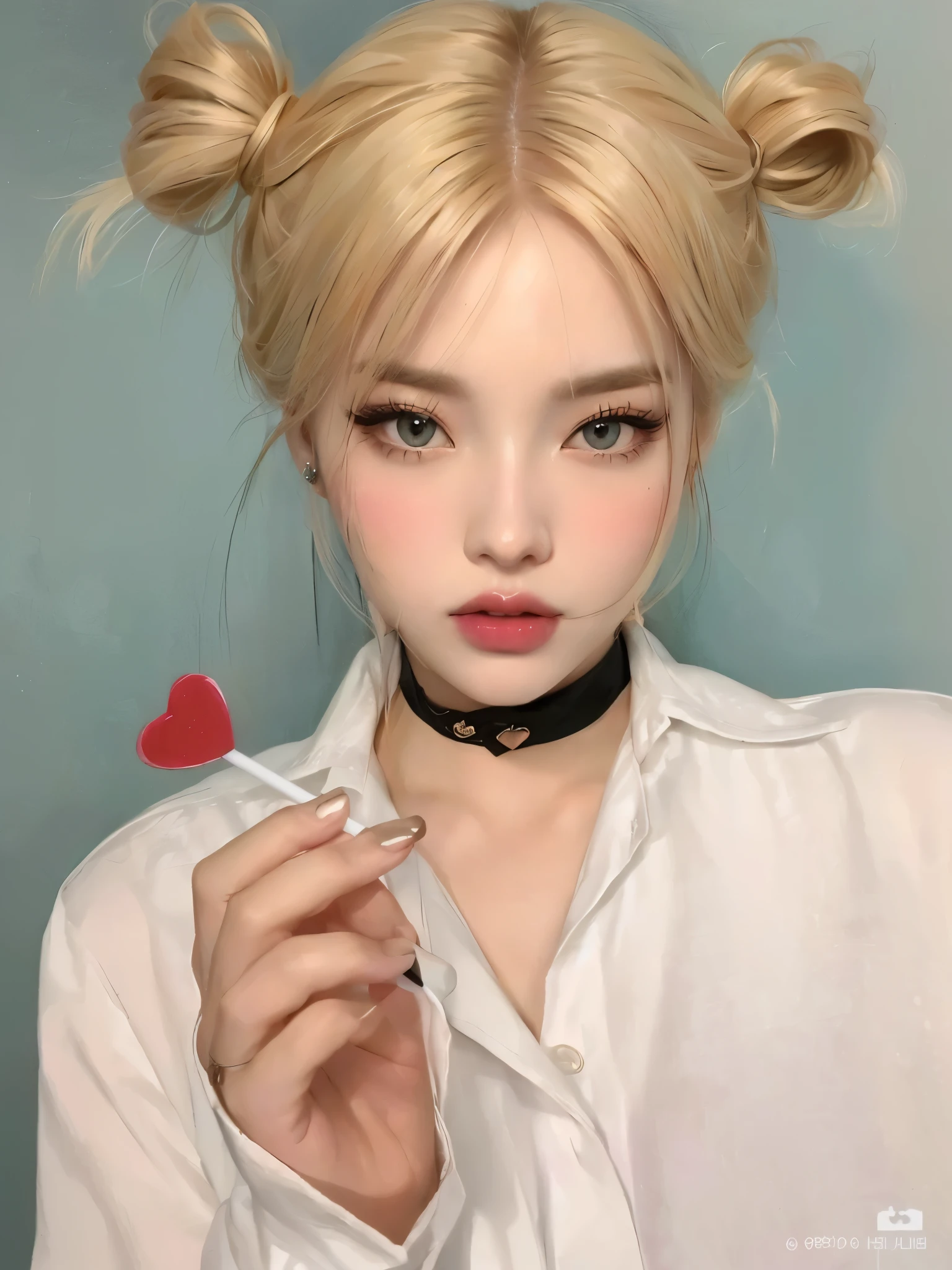 Blonde-haired girl with a heart-shaped lollipop in her hand., retrato de kim petras, maquillaje popular de corea del sur, Retrato de Jossi de Blackpink, Parque Roseanne de Blackpink, ulzzang, maquillaje coreano popular, cruel korean gothic girl, ava max, con el pelo largo y blanco, inspirado en Yanjun Cheng, bella delfina, kim taejin