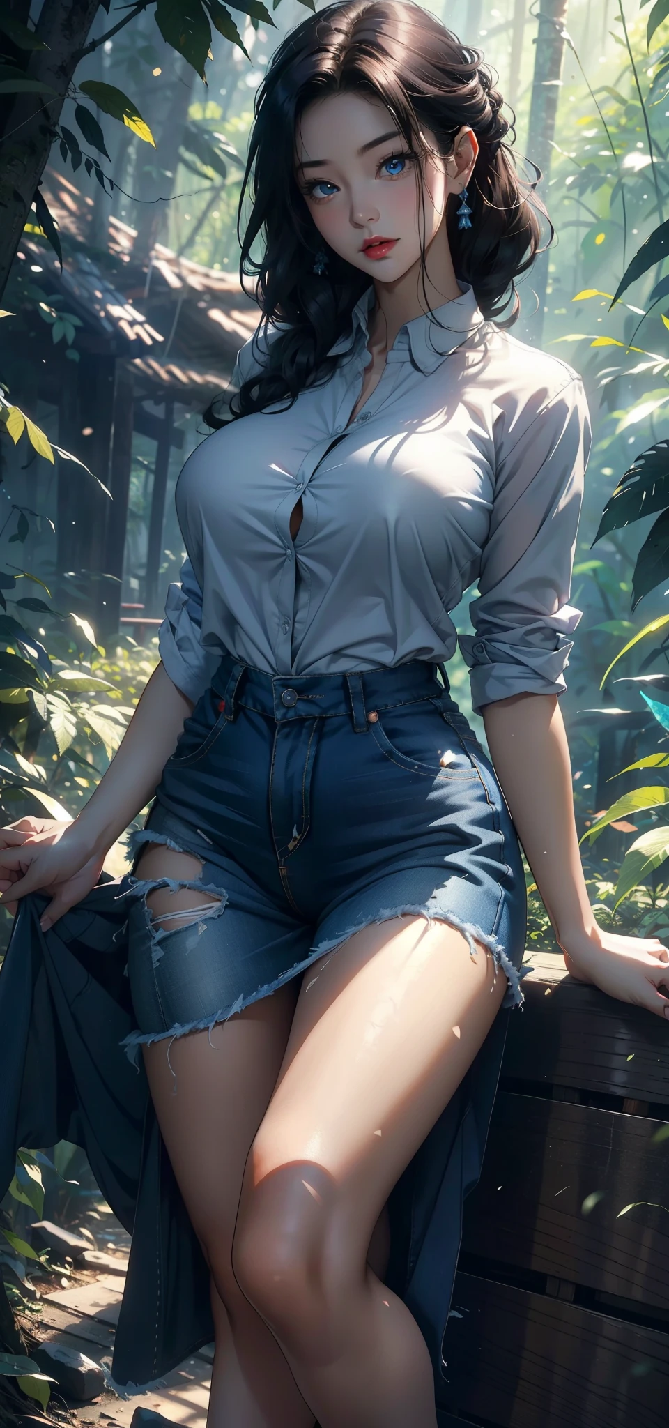 1 female,45 years old,Large Breasts,Long legs,Big breasts and thin waist, 照片曝Light,(background:In the woods,Rainforest,In the summer,gale) She has short black hair,,curls,Red lips,stand up,Front view, OK, Gloomy sky,(((masterpiece),(Highly detailed CG Unity 8k wallpaper),最OK质量,Light,详细background,Beautiful blue eyes,(Very delicate and beautiful),(Beautiful and detailed description of the eyes),Ultra Detailed,masterpiece,)),Facing the camera,high resolution,Ultra Detailed),Exposing breasts,Sexy bulge,woodcutter(wear:Blue shirt,tight denim skirt)