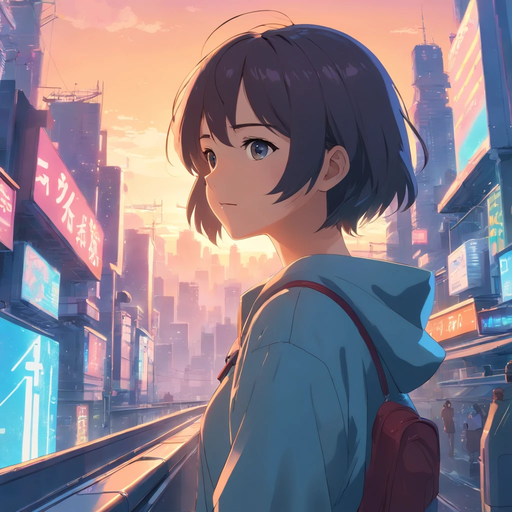 masterpiece, highest quality, Movie stills, One boy, Futuristic scenario, Cyberpunk characters, Retro Wave, landscape, Japanese