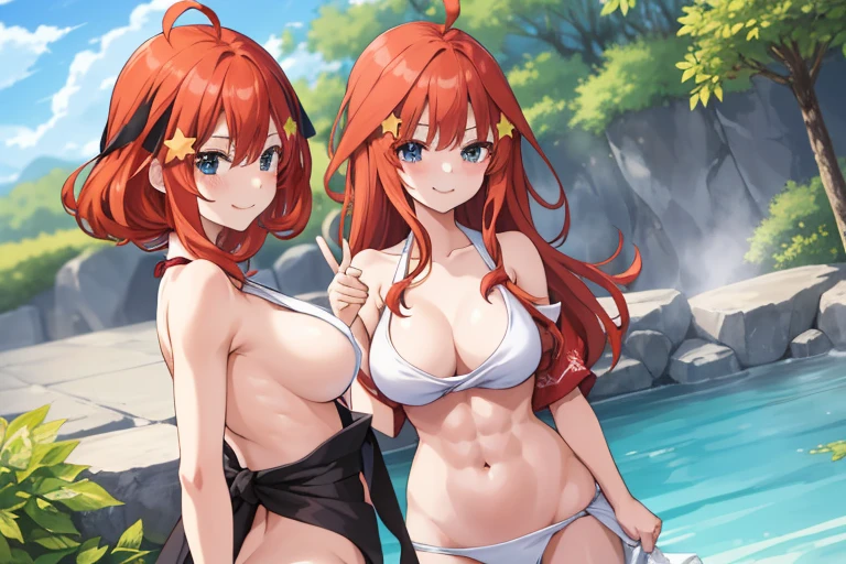 2d, masterpiece, best quality, anime, highly detailed, 5 girl, photo of 5 girl, quintuplets, nakano itsuki, red hair, long hair, star hair ornament, ahoge, large breasts, standing, onsen, open white yukata, outdoors, smile, abdominal, abs muscular, belly button, side breasts, back muscles
